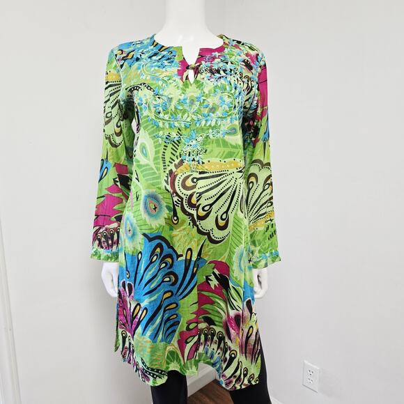 Raj Tunic Top Size L Womens Floral Embroidered Long Sleeve Cover-Up Bohemian - Picture 1 of 9